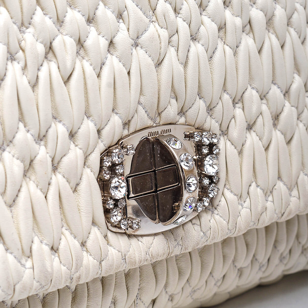 Miu Miu - Cream Matelassse Leather Oversized Bag w Iconic Crystal Cloque w Strap